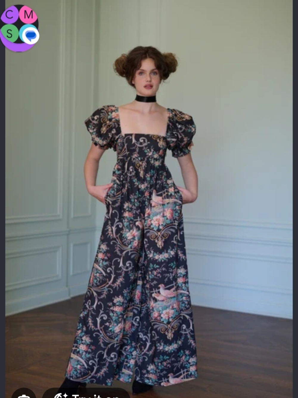 Selkie Black Floral Toile Puff-Sleeve Maxi Dress